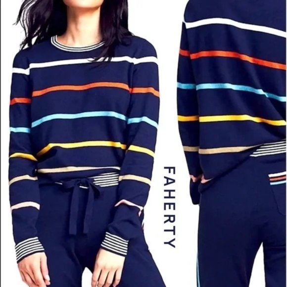 Faherty Sweaters - Faherty Surf Sweater Navy Surf Stripe Cashmere Blend